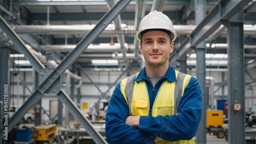 Portrait of a confident industrial worker in a hard hat. Professional male engineer smiling with arms crossed in a factory