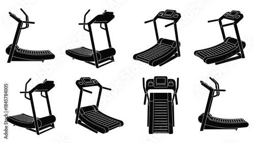 Black and white illustrations showcasing different views of exercise treadmills