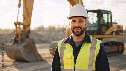 Smiling construction worker in a hard hat at a building site. Portrait of a confident male engineer standing in front of an excavator. Heavy industry and professional labor concept