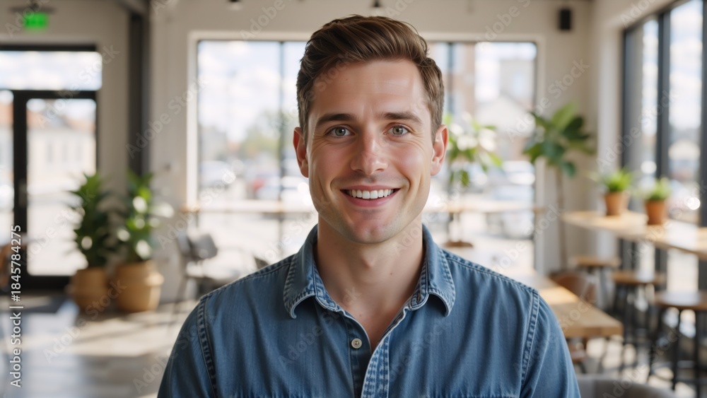Obraz premium Headshot portrait of a handsome young man smiling at the camera. Confident professional in a modern office or cafe