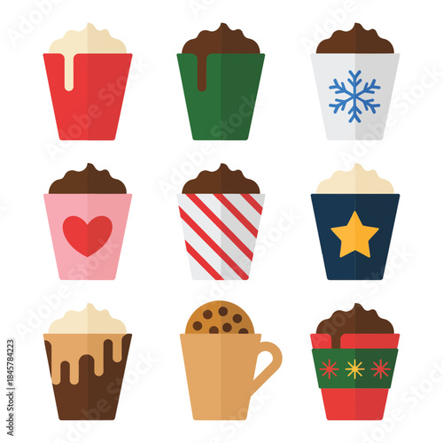 Seasonal hot chocolate cup illustration set with heart star stripe snowflake mug designs cozy winter flat vector collection