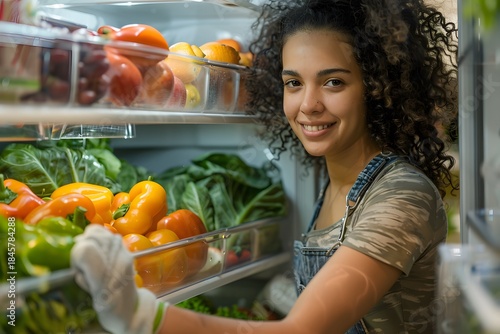 A young woman with curly hair smiles as she organizes vibrant vegetables in a refrigerator. The scene is filled with fresh greens, colorful peppers, and fruits, highlighting healthy eating