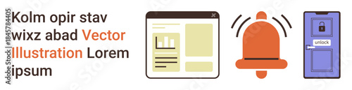 Security, connectivity, alerts, smart technology, access control, communication. Browser window with data, alert bell and smart door lock. Security and connectivity in digital spaces