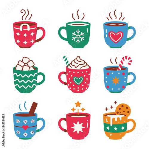 Cozy winter drink mug icon set featuring cocoa whipped cream sprinkle candy cane festive holiday flat vector illustration