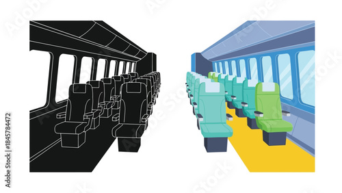 Inside a train carriage a dual perspective of color and monochrome