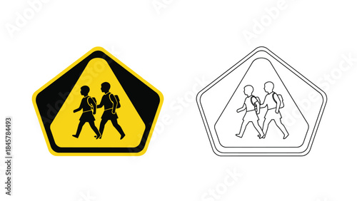 School crossing sign illustration colored and outlined versions presented side by side
