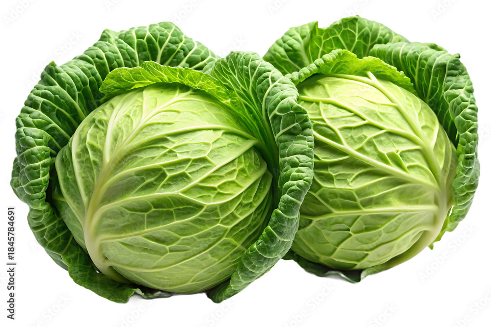 Obraz premium Two green cabbages with textured leaves on white background isolated on a transparent background vegetable