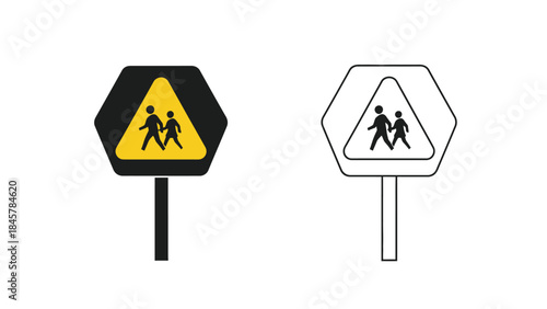 School crossing sign variations colored and monochrome depictions shown