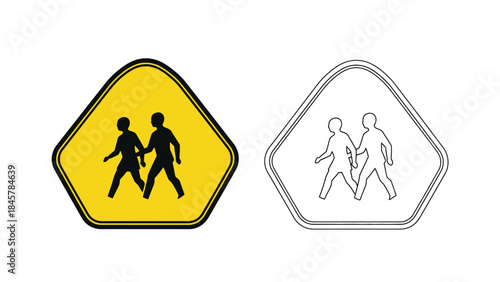 School crossing sign in color and outline depicting walking people