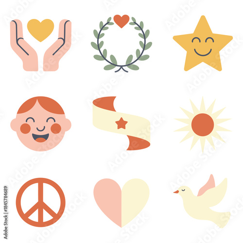 Kindness and unity symbol icon collection with helping hands wreath star child ribbon peace sign heart flat vector design