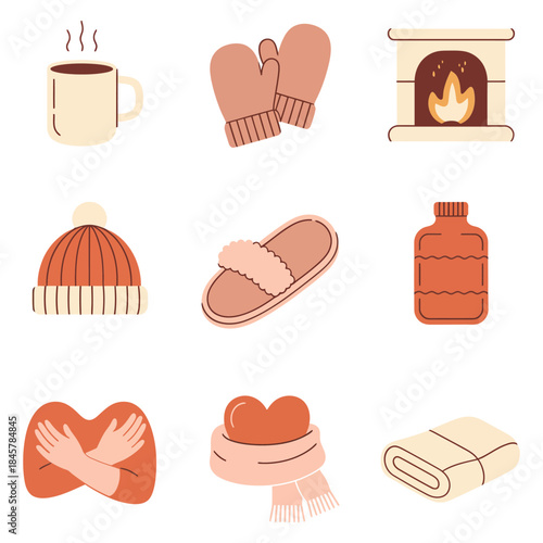Winter warmth and relaxation illustration collection featuring mug mittens fireplace hot bottle scarf slippers cozy lifestyle flat vector design