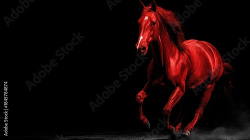 Powerful red horse running on black background expressing energy, passion and strength, dramatic animal photography with copy space ideal for bold branding and marketing.