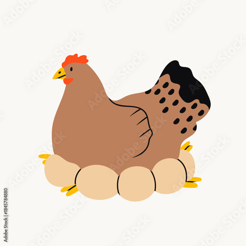 Domestic Chicken. Brown hen sitting on eggs in nest. Farm bird, Easter, organic eco food concept. Cute farm animal. Hand drawn trendy Vector illustration. Isolated design element
