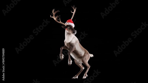 Reindeer dancing in Santa hat seamless loop. Studio animation with black background and professional lighting.