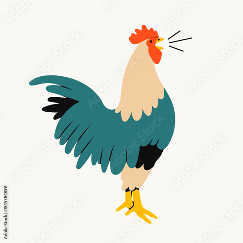 Domestic Chicken. Singing rooster. Side view. Farm bird, organic eco food concept. Cute farm animal. Hand drawn trendy Vector illustration. Isolated design element. Logo, sticker, icon template