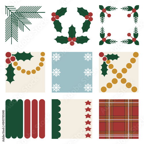 Christmas decorative frame and border pattern set with pine branches berries ribbons plaid textures festive flat vector illustration
