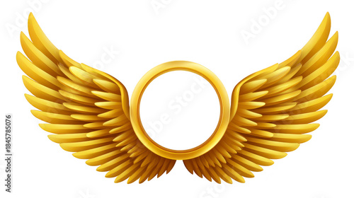 Golden winged circle, shiny metallic ring with detailed feathered wings, luxury emblem, elegant design, symbol of freedom and achievement, isolated on transparent background