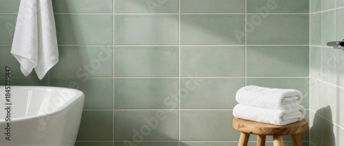 A stylish bathroom featuring soft green tiles and neatly arranged towels on a wooden stool.