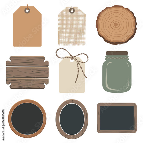 Natural craft label and chalkboard illustration set with wood slices jars tags eco style flat vector design elements collection
