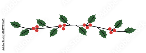 Festive Holly Berry Garland Divider. Holly berry leaves. 