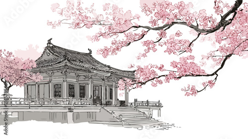 Tranquil Serenity: A Japanese Temple Amidst Cherry Blossoms