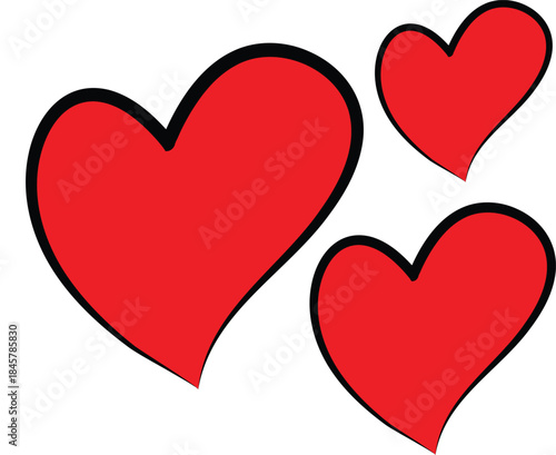 Three Red Hearts With Black Outline On White Background