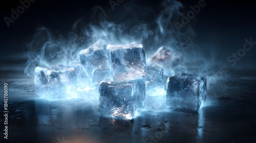 Dramatic close-up of vibrant blue glowing ice cubes on a dark, wet surface with cold smoke.