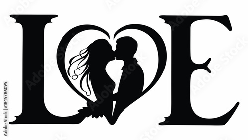 Romantic couple kissing in heart shaped love symbol