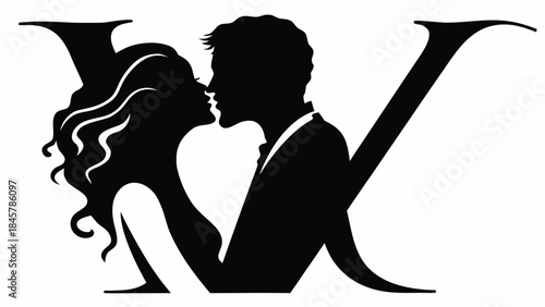 Romantic couple silhouette in elegant letter design