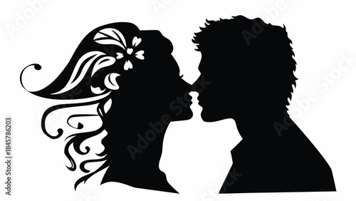 Romantic couple sharing tender kiss in elegant silhouette
