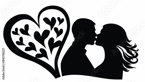Romantic couple kissing with heart silhouette and love symbol