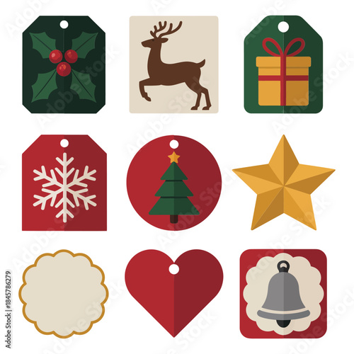 Christmas gift tag icon collection featuring reindeer present star tree snowflake bell shapes festive flat vector design elements