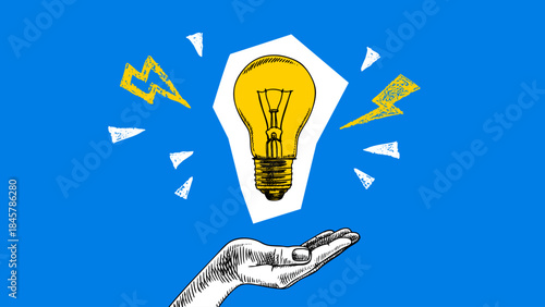 Trendy halftone collage of sketch hands with glowing bulb. Idea concept. Startup, creativity, education, e-learning, innovation, coworking design. Modern hand drawn retro vector illustration.