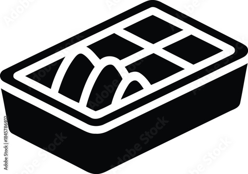 A simple black and white icon illustration of an ice cube tray used for making ice in a kitchen freezer