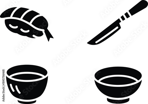 A collection of four black glyph icons representing japanese food and kitchen utensils for cooking