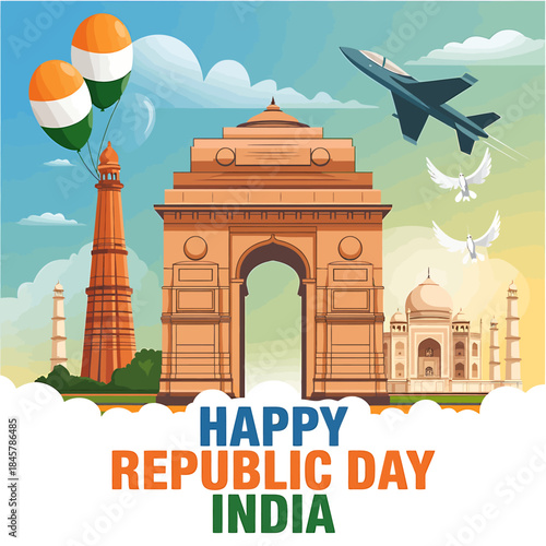 Happy republic day india celebration featuring iconic landmarks and patriotic elements