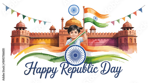 A happy child holds the indian national flag in a patriotic illustration for republic day, featuring the historic red fort background