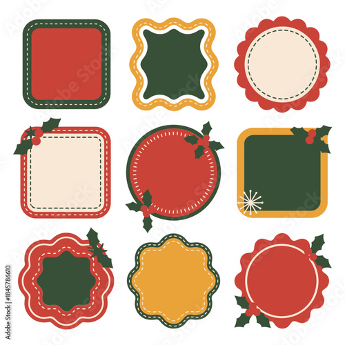 Christmas ornamental frame and badge illustration collection with classic borders seals festive holiday flat vector design