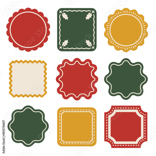 Festive decorative frame illustration set with square round scalloped labels holiday border elements flat vector design