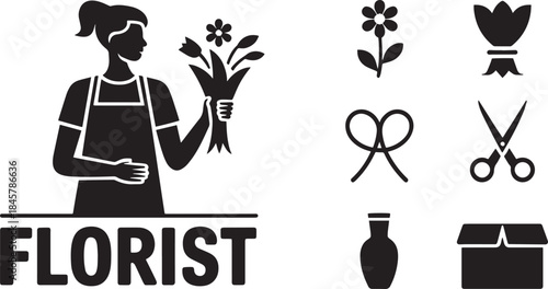 Florist arranging flower bouquet with floral icons like flower, ribbon, scissors, vase