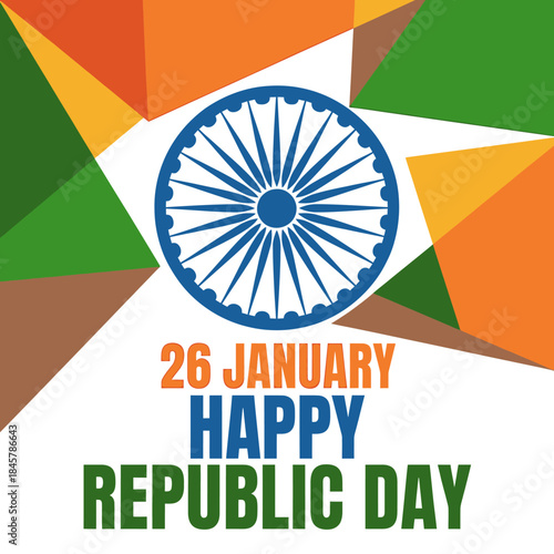 A vibrant illustration celebrating india's republic day on january 26th with the ashoka chakra and geometric flag colors