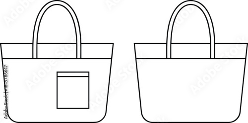 CAD drawing flat vector illustration of tote bag design, front and back technical view, minimalist fashion accessory template sketch