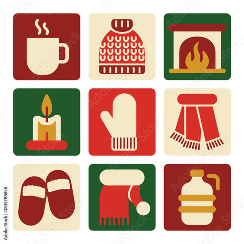 Seasonal winter comfort illustration collection with hot drink sweater mitten scarf fireplace cozy flat vector icons