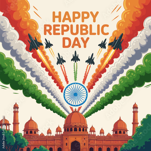Happy republic day india: jets fly in formation with tricolor smoke trails over iconic architecture