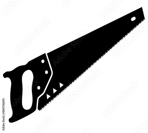 A stark black and white illustration depicts a hand saw highlighting its blade handle and teeth