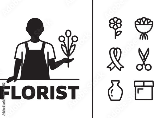 Florist icon set with person arranging flowers, bouquet, ribbon, scissors, vase