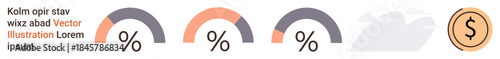 Business growth, progress tracking, financial goals, productivity, data analysis, budgeting. Three progress bars and coin symbol percentages and growth. Business growth and progress tracking concept
