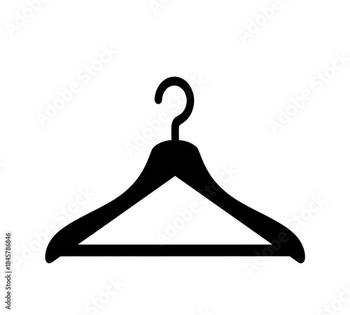a simple black outline of a wooden clothes hanger isolated on a plain white background presented as a graphic icon