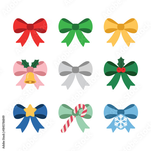 Colorful Christmas bow icon set with ribbon textures snowflake candy style festive holiday flat vector illustration