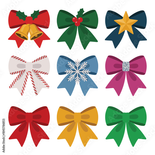 Festive Christmas bow and ribbon illustration collection with decorative knots ornaments gift wrapping holiday flat vector design
